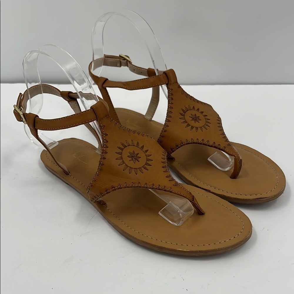 Nicole Miller Pyramid Brown Sandals Embroidery Thong Flat Boho Casual 7.5